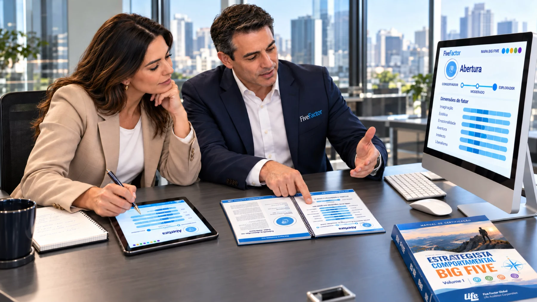 Especialista Big Five conversando com uma cliente sobre seu relatório de personalidade